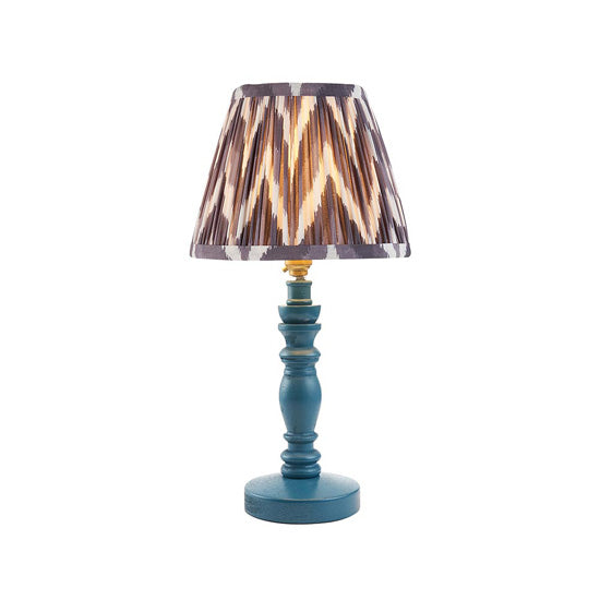 Bibury And Zigzag 20cm Pearl Grey Fabric Shade Table Lamp In Satin Marlin Blue