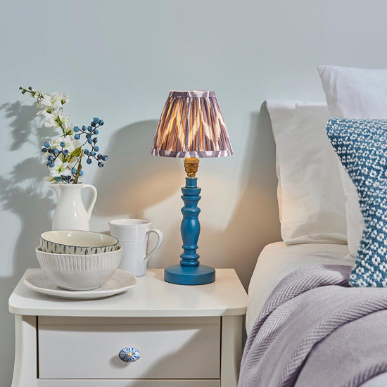 Bibury And Zigzag 16cm Pearl Grey Fabric Shade Table Lamp In Satin Marlin Blue