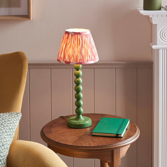 Higgledy And Ikat 20cm Coral Pink Shade Table Lamp With High Gloss Cotswold Green Base