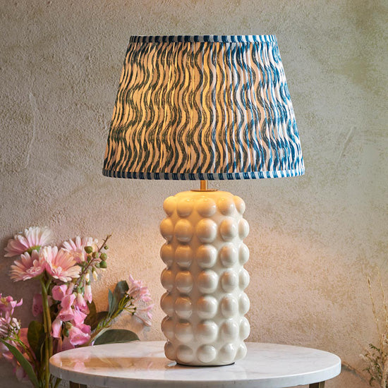 Bobble And Ripple 35cm Marlin Blue Fabric Shade Table Lamp In Gloss White Ceramic Base