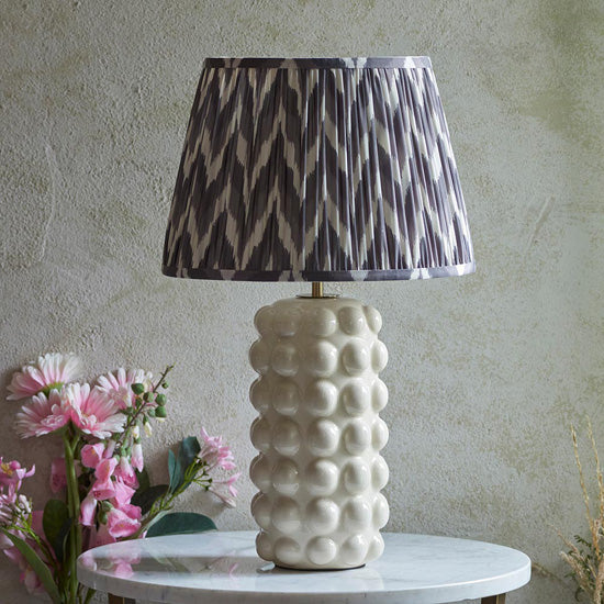 Bobble And Zigzag 35cm Pearl Grey Fabric Shade Table Lamp In Gloss White Ceramic Base