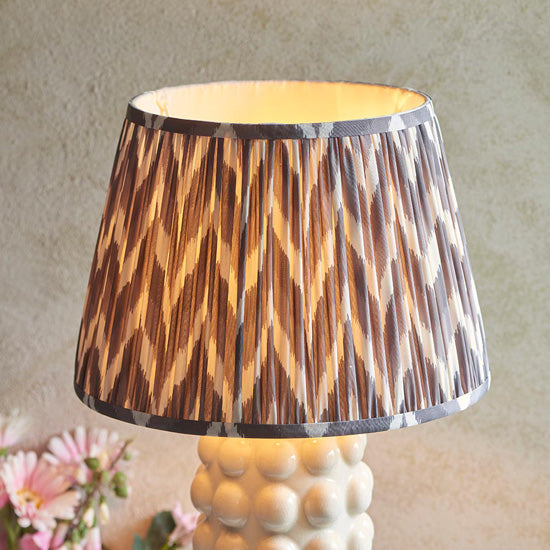 Bobble And Zigzag 35cm Pearl Grey Fabric Shade Table Lamp In Gloss White Ceramic Base