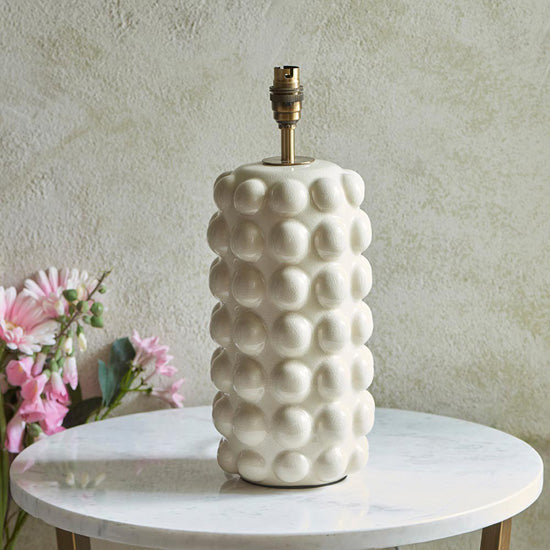 Bobble And Zigzag 35cm Pearl Grey Fabric Shade Table Lamp In Gloss White Ceramic Base