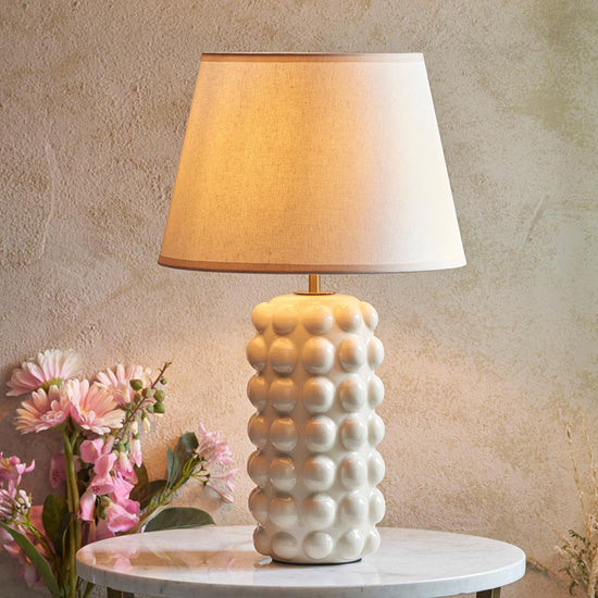 Bobble And Ivy 35cm Vintage White Fabric Shade Table Lamp In Gloss White Ceramic Base