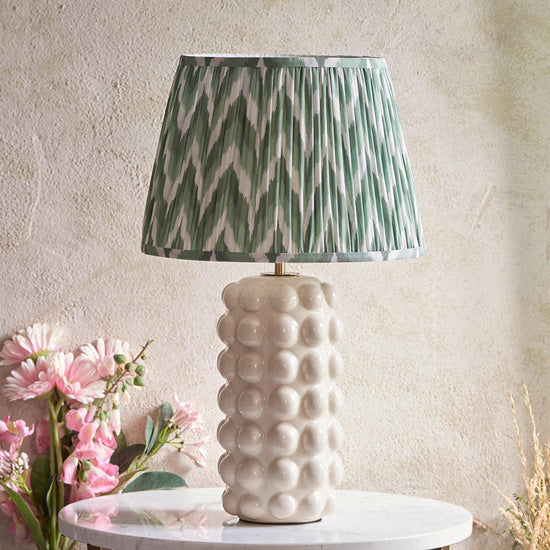 Bobble And Zigzag 35cm Cotswold Green Fabric Shade Table Lamp In Gloss White Ceramic Base