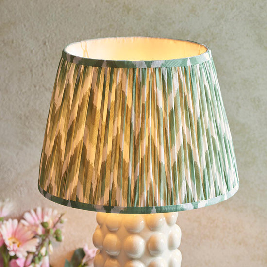 Bobble And Zigzag 35cm Cotswold Green Fabric Shade Table Lamp In Gloss White Ceramic Base