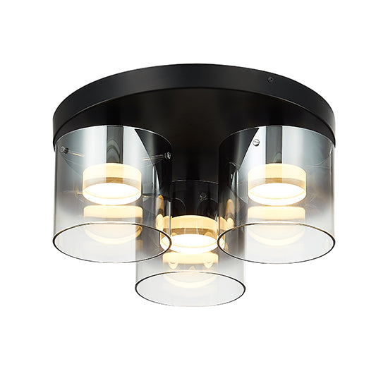 Roundhay 3 Smoked Glass Shade Bulbs Decorative Flush Ceiling Light In Black