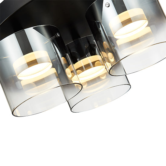 Roundhay 3 Smoked Glass Shade Bulbs Decorative Flush Ceiling Light In Black