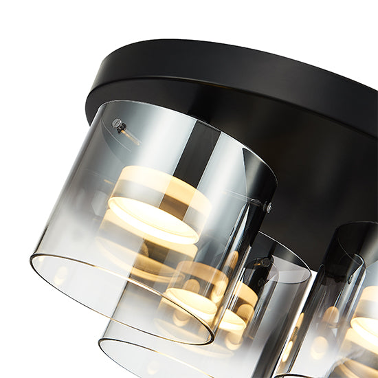 Roundhay 3 Smoked Glass Shade Bulbs Decorative Flush Ceiling Light In Black