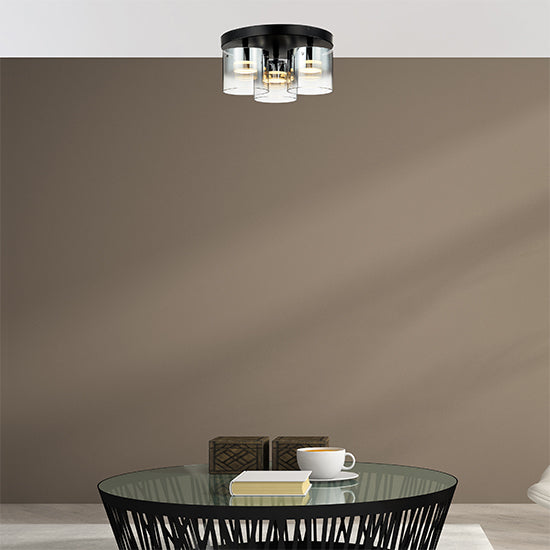 Roundhay 3 Smoked Glass Shade Bulbs Decorative Flush Ceiling Light In Black