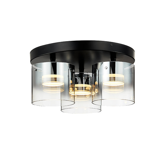 Roundhay 3 Smoked Glass Shade Bulbs Decorative Flush Ceiling Light In Black