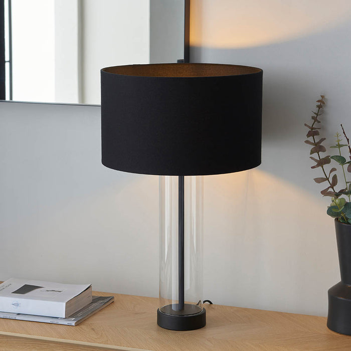 Lessina Small Black Fabric Drum Shade Touch Table Lamp In Matt Black