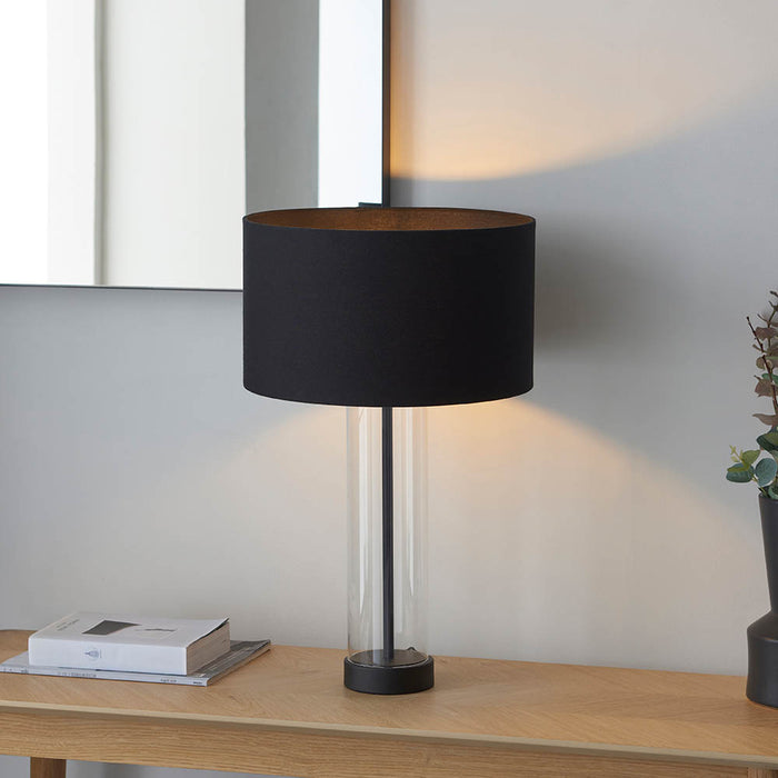 Lessina Small Black Fabric Drum Shade Touch Table Lamp In Matt Black