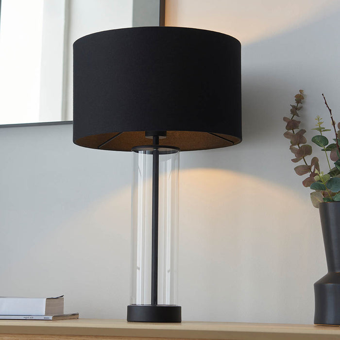 Lessina Small Black Fabric Drum Shade Touch Table Lamp In Matt Black