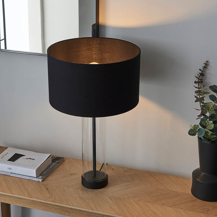 Lessina Small Black Fabric Drum Shade Touch Table Lamp In Matt Black