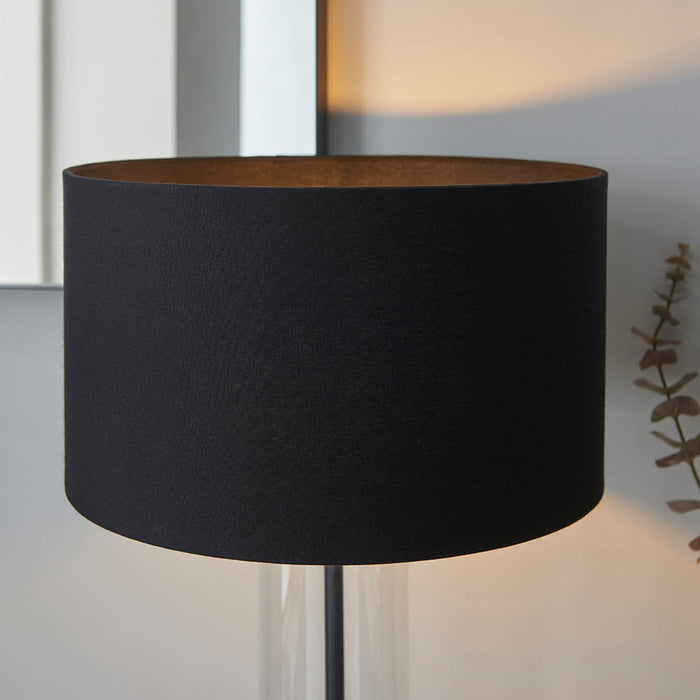 Lessina Small Black Fabric Drum Shade Touch Table Lamp In Matt Black