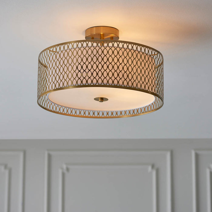 Cordero 3 Lights Flush Celing Light In Gold Plated Effect Geometric Fretwork