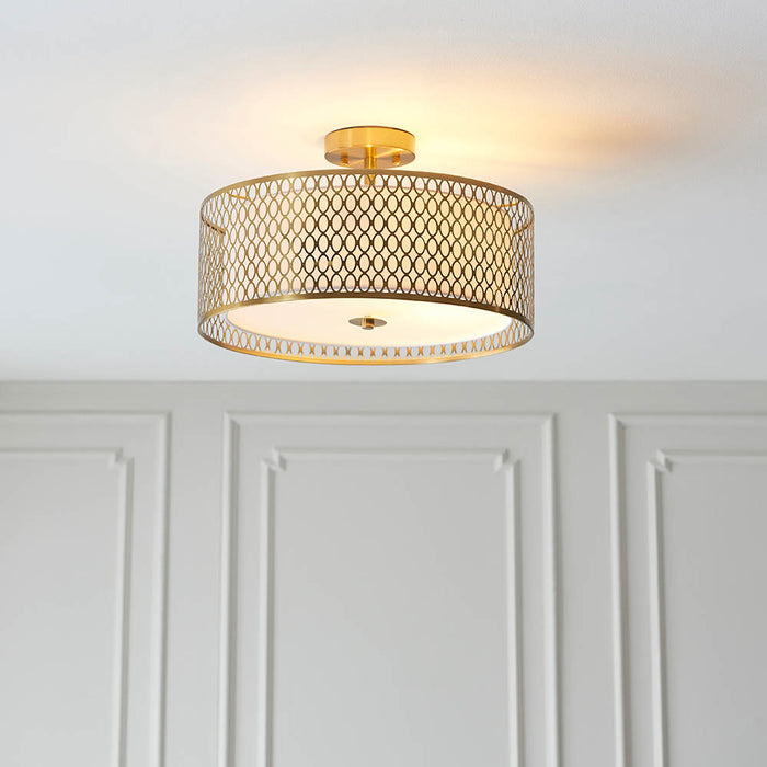 Cordero 3 Lights Flush Celing Light In Gold Plated Effect Geometric Fretwork