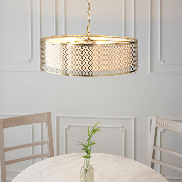 Cordero 3 Lights Flush Pendant Light In Gold Plated Effect Geometric Fretwork