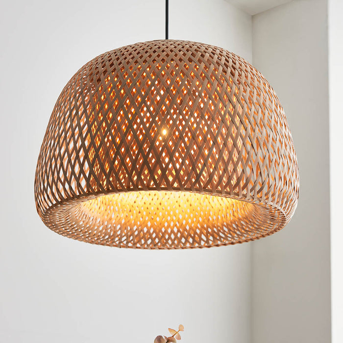 Bali Natural Bamboo Woven Shade Pendant Light With White Inner Diffuser