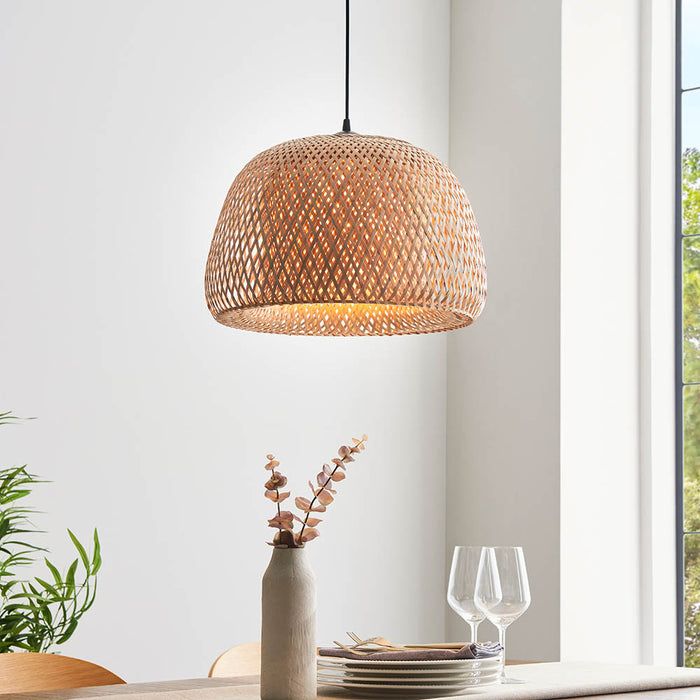 Bali Natural Bamboo Woven Shade Pendant Light With White Inner Diffuser