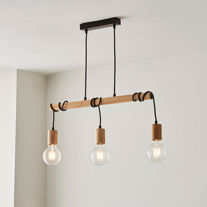 Sven 3 Lights Linear Pendant Light In Matt Black And Natural Wooden Details