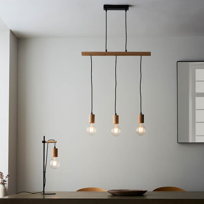 Sven 3 Lights Linear Pendant Light In Matt Black And Natural Wooden Details