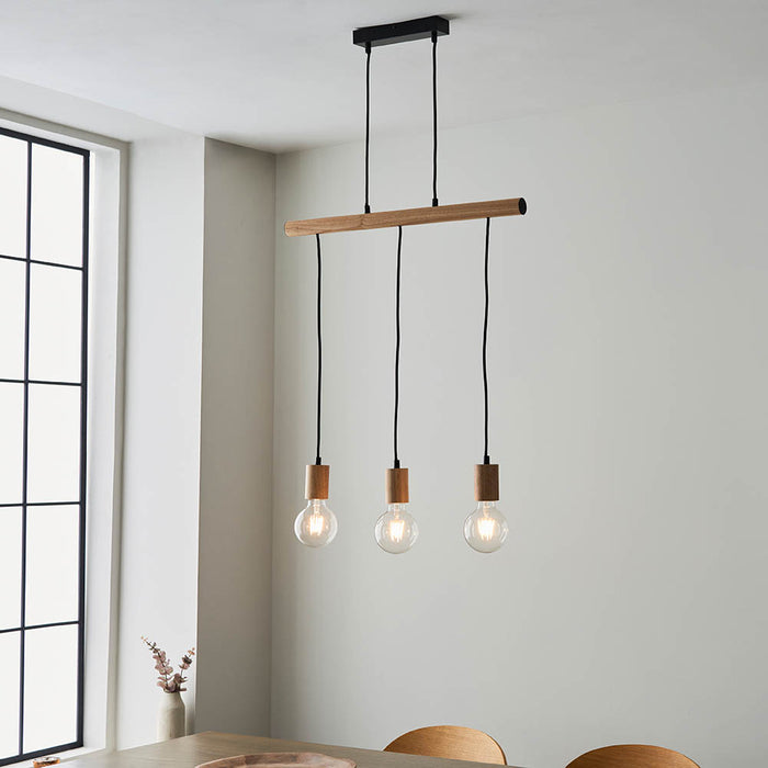 Sven 3 Lights Linear Pendant Light In Matt Black And Natural Wooden Details