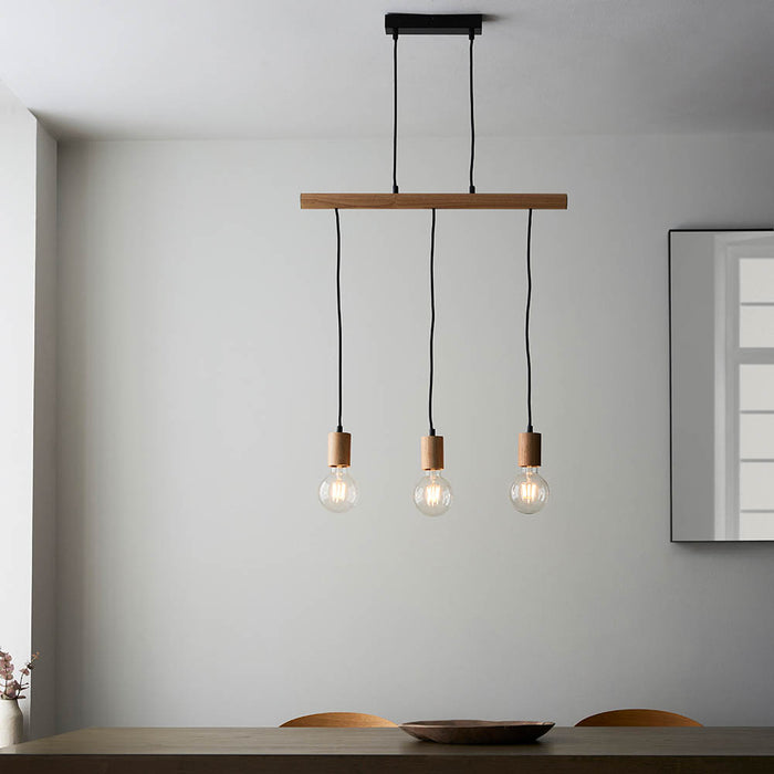 Sven 3 Lights Linear Pendant Light In Matt Black And Natural Wooden Details