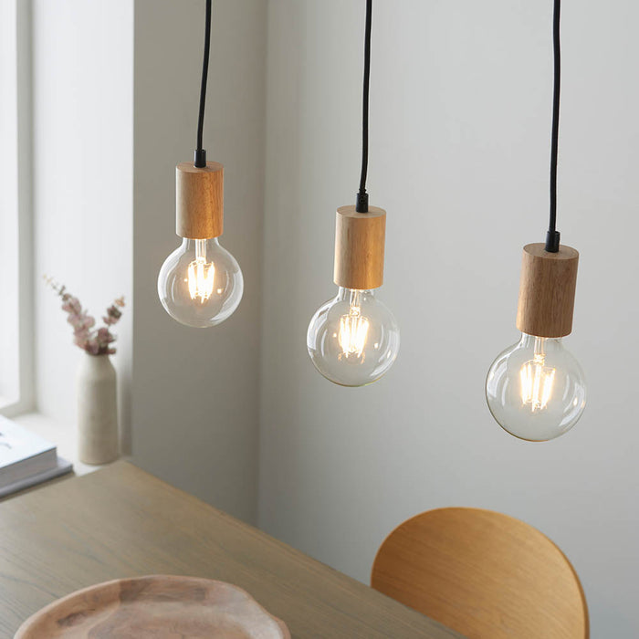 Sven 3 Lights Linear Pendant Light In Matt Black And Natural Wooden Details