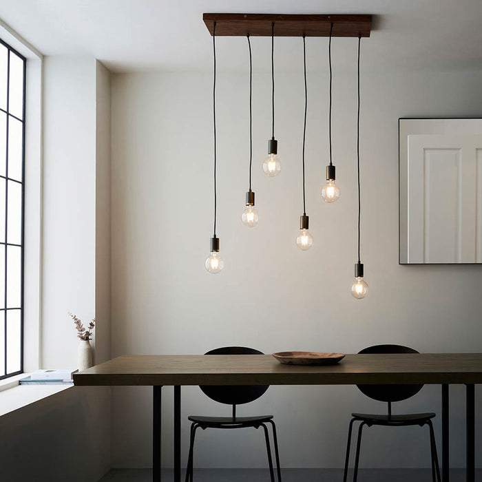 Stellan 6 Lights Linear Pendant Light In Anthracite With Oak Plywood Ceiling Plate