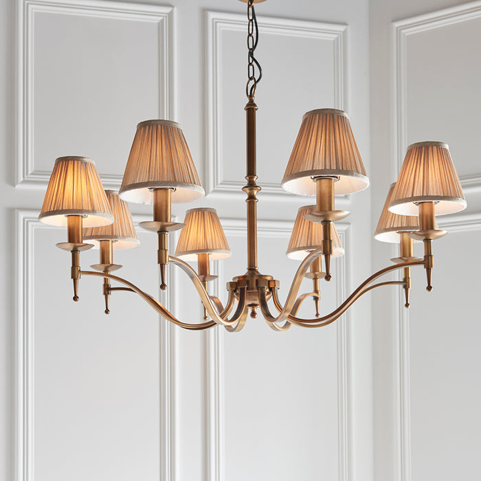 Stanford Beige Shades 8 Lights Ceiling Pendant Light In Antique Brass