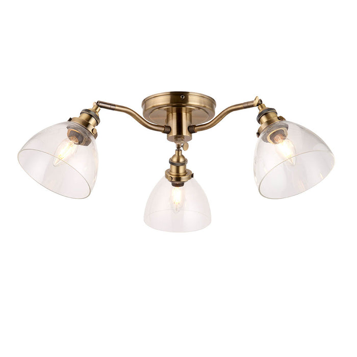 Hansen 3 Lights Clear Glass Shades Semi Flush Ceiling Light In Antique Brass