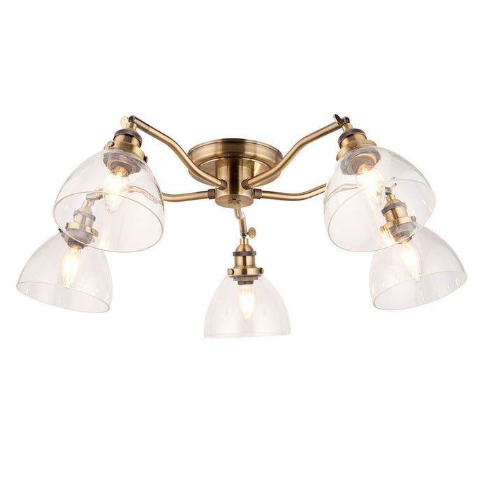 Hansen 5 Lights Clear Glass Shades Semi Flush Ceiling Light In Antique Brass