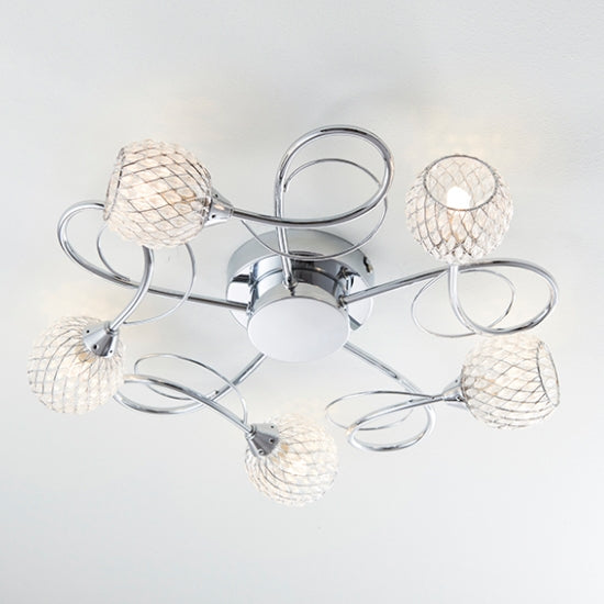 Aherne 5 Lights Clear Glass Semi Flush Ceiling Light In Polished Chrome