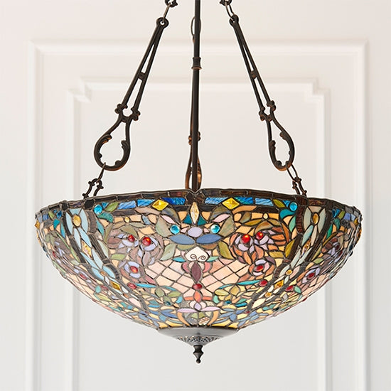 Anderson Inverted 3 Lights Tiffany Glass Ceiling Pendant Light In Dark Bronze