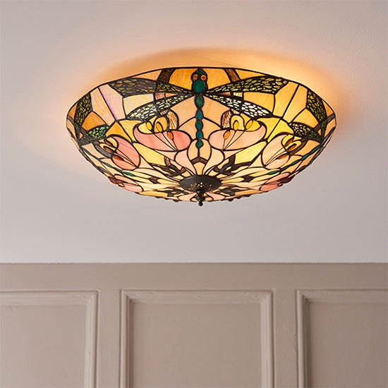 Ashton Large 2 Lights Tiffany Glass Flush Ceiling Light In Dark Bronze