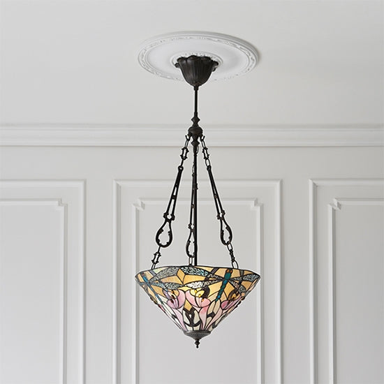 Ashton Medium Inverted 3 Lights Tiffany Glass Flush Ceiling Light In Dark Bronze