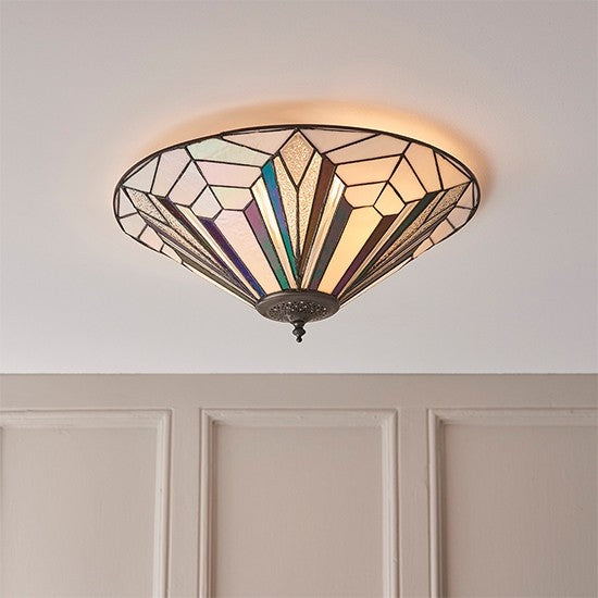 Astoria Large Tiffany Glass 2 Lights Flush Ceiling Light In Black