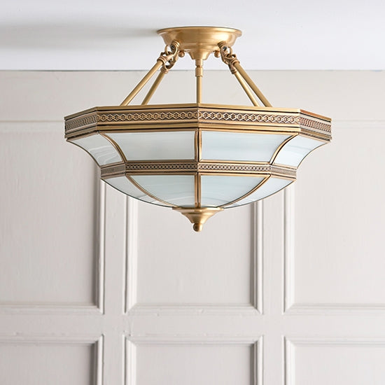 Balfour Frosted Glass 4 Lights Semi Flush Ceiling Light In Antique Brass