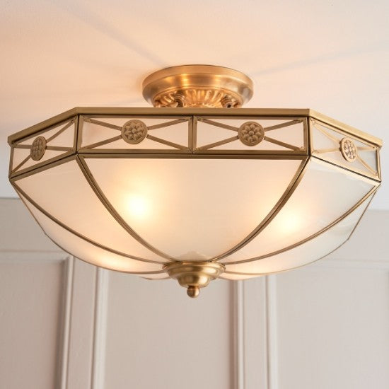 Bannerman Frosted Glass 4 Lights Semi Flush Ceiling Light In Antique Brass