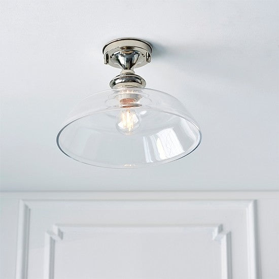 Barford Clear Glass Shade Semi Flush Ceiling Light In Bright Nickel