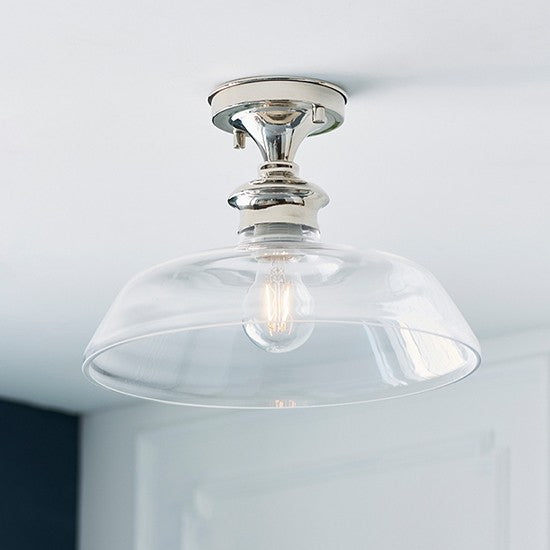 Barford Clear Glass Shade Semi Flush Ceiling Light In Bright Nickel