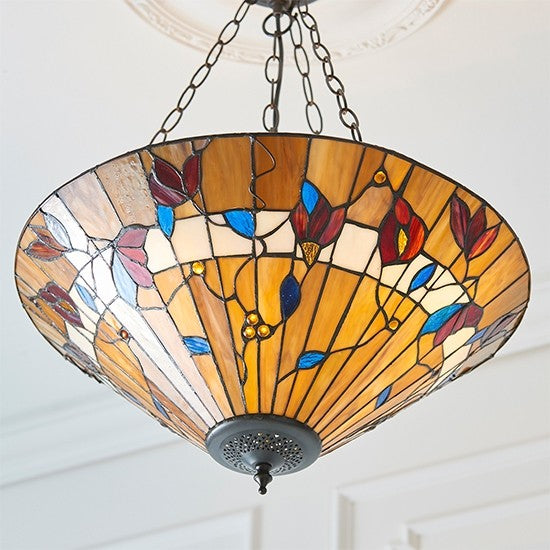 Bernwood Large Inverted Tiffany Glass 3 Lights Ceiling Pendant Light In Dark Bronze