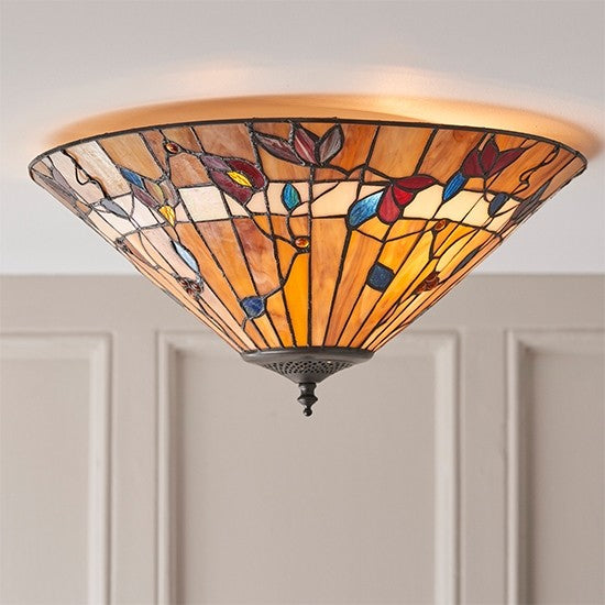 Bernwood Medium Tiffany Glass 2 Lights Flush Ceiling Light In Dark Bronze