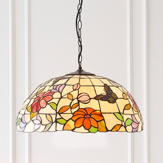 Butterfly Large Tiffany Art Glass 3 Lights Ceiling Pendant Light In Dark Bronze