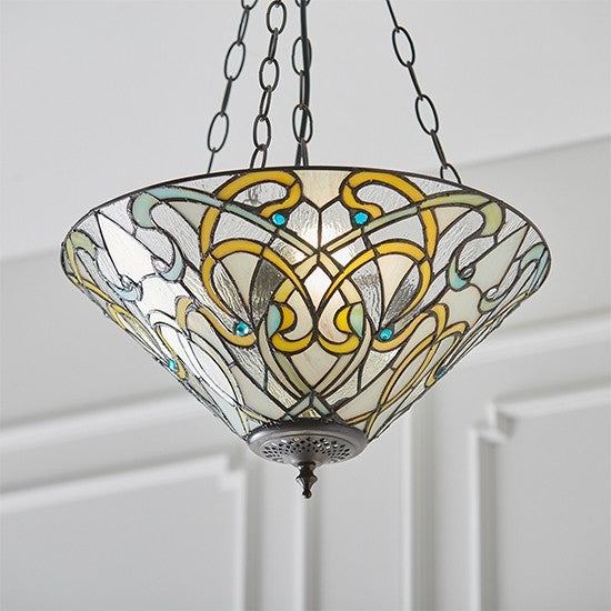 Dauphine Medium Inverted Tiffany Glass 3 Lights Ceiling Pendant Light In Dark Bronze