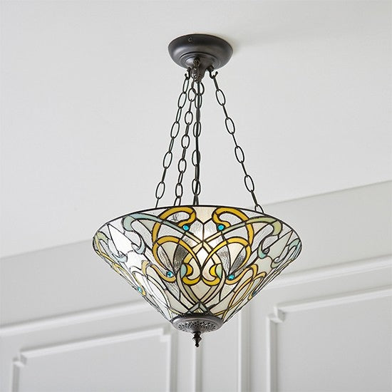 Dauphine Medium Inverted Tiffany Glass 3 Lights Ceiling Pendant Light In Dark Bronze