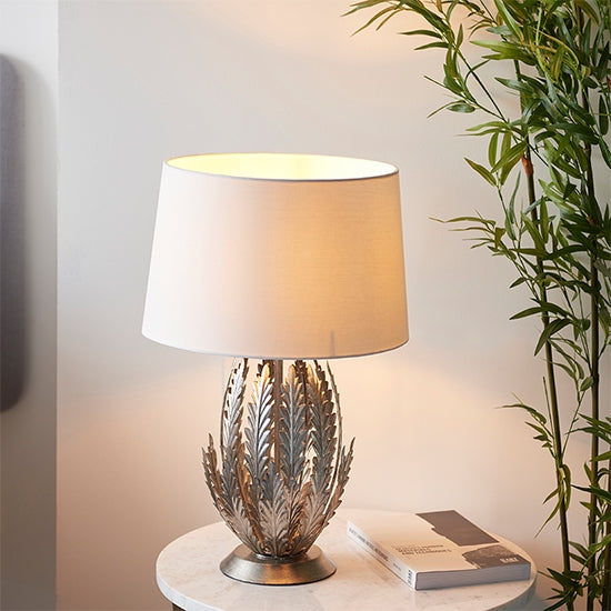 Delphine Decorative Layered Leaves Table Lamp In Silver With Ivory Shade