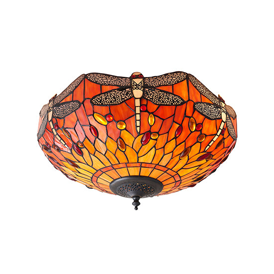 Dragonfly Medium Flame 2 Lights Flush Ceiling Light In Tiffany Glass